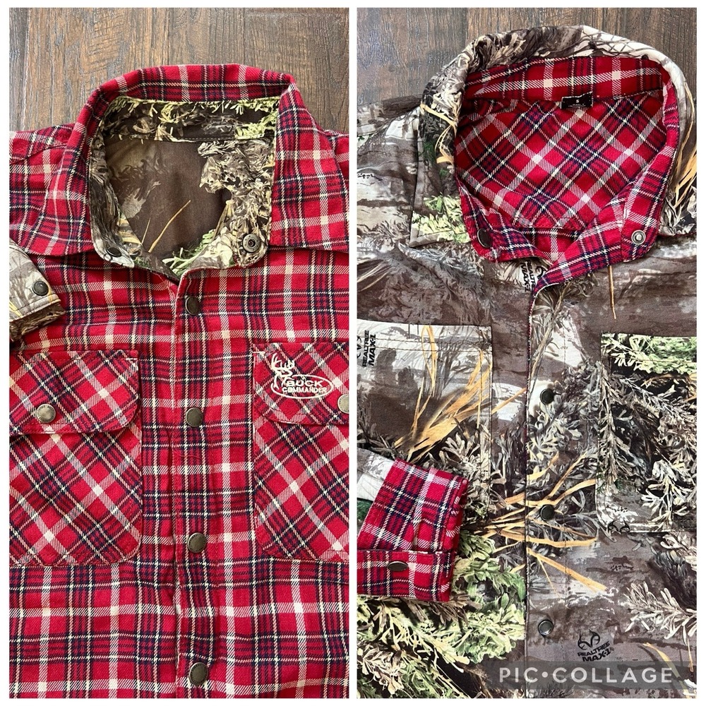 Buck Commander Realtree Camo Plaid Flannel Reversible Button Up Hunting Shirt S